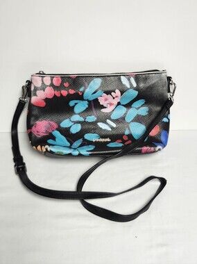 Desigual Black Crossbody with Blue & Pink Floral Accents